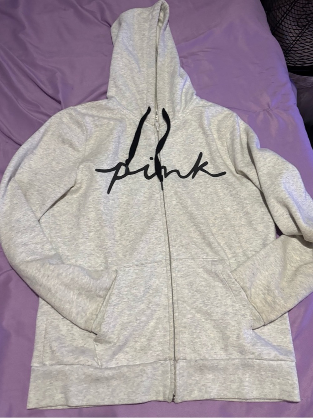 PINK Victoria's Secret Light Gray Hooded Sweatshirt with Black Drawstrings
